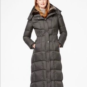 Gray London Fog, Faux Fur Collar, Down Maxi Coat